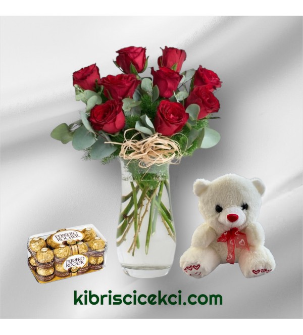 Vazoda 9 Kırmızı Gül Ayıcık 16'lı Ferrero Çikolata